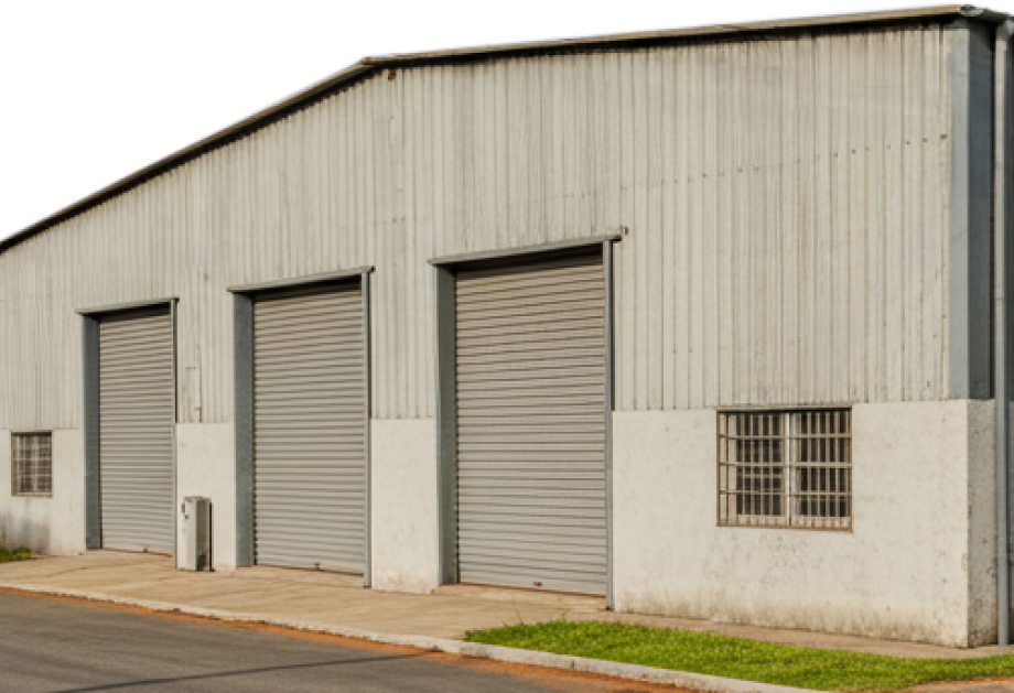 Galpão industrial com três portas de enrolar e estacionamento