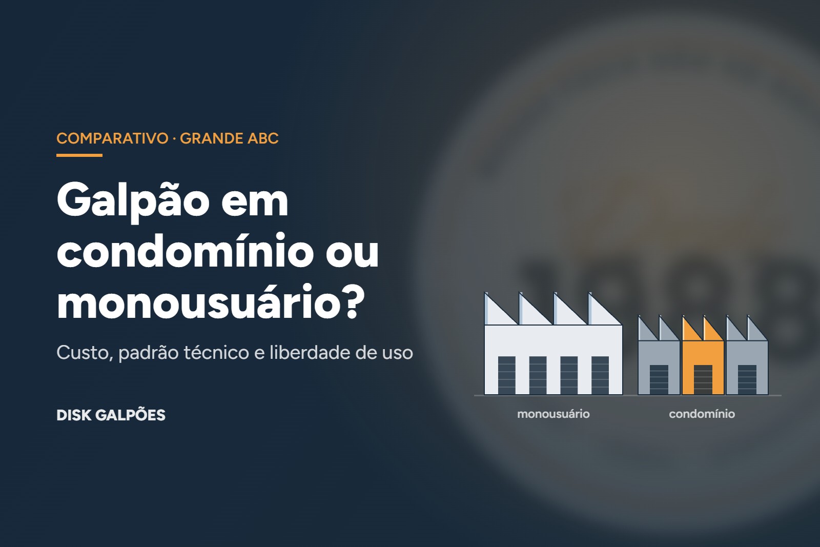 Ilustração de um galpão monousuário e de três módulos de condomínio, todos com telhado em dente de serra
